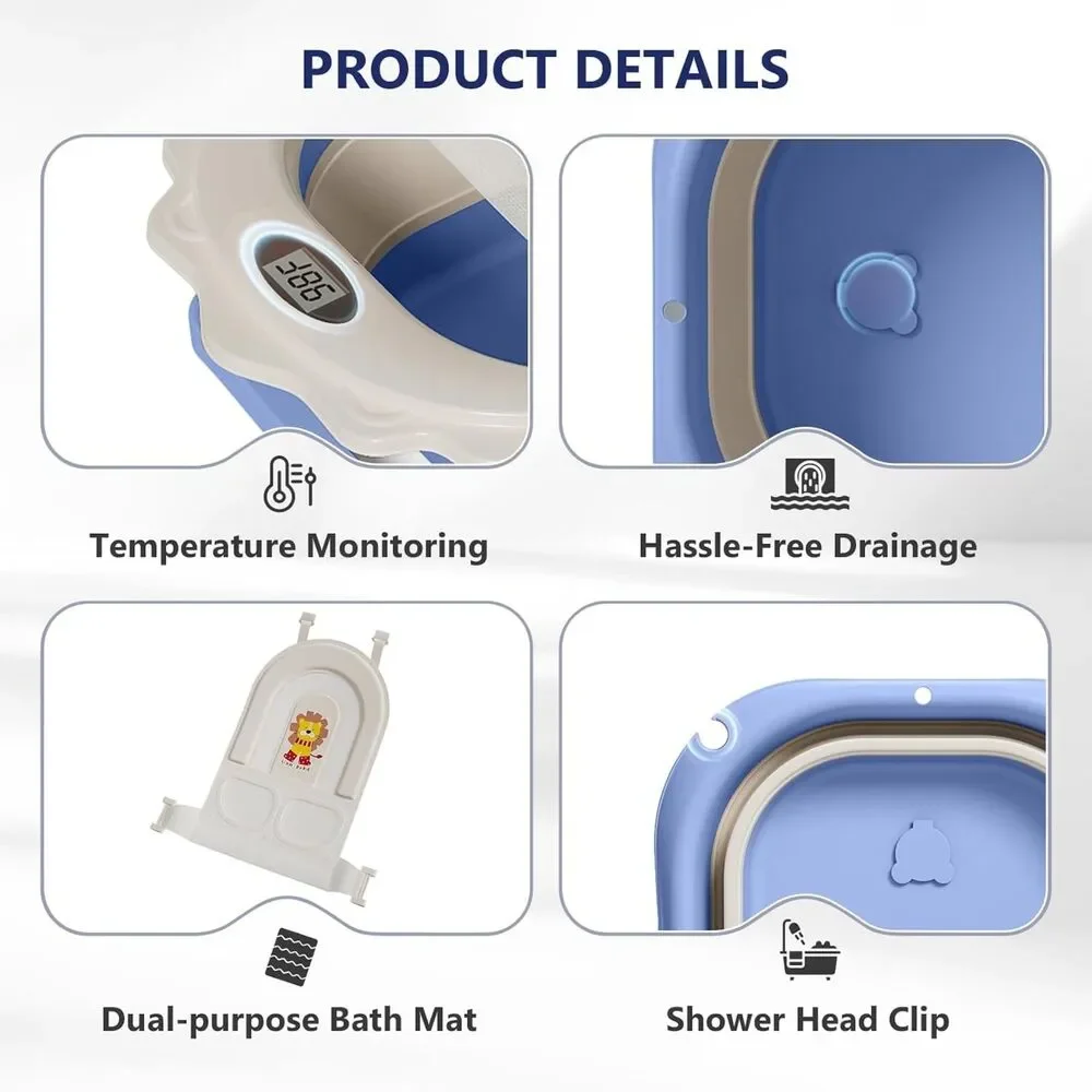 4-in-1 Foldable Baby Bathtub w/ Thermometer & Adjustable Mesh Sling GROW WITH ME